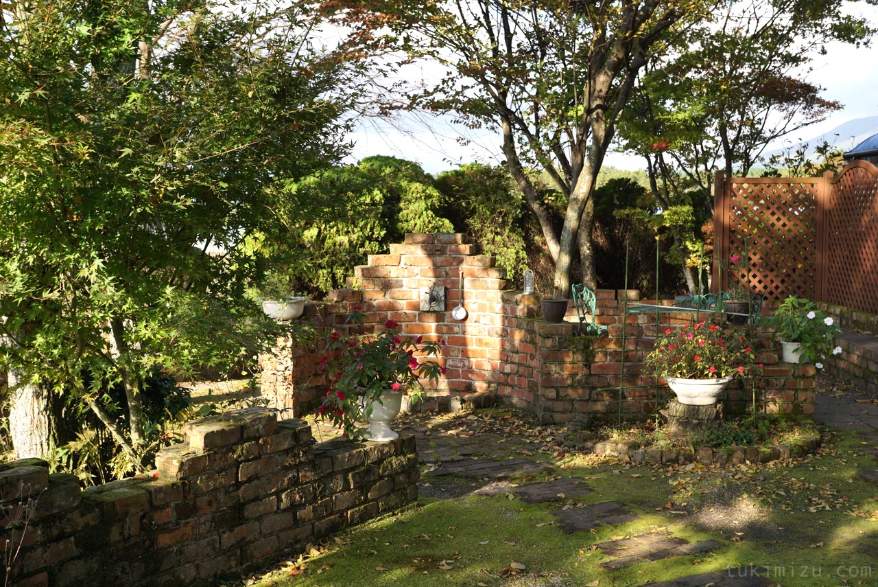 庭とレンガの壁